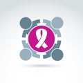 Breast cancer ribbon placed on a purple circle.